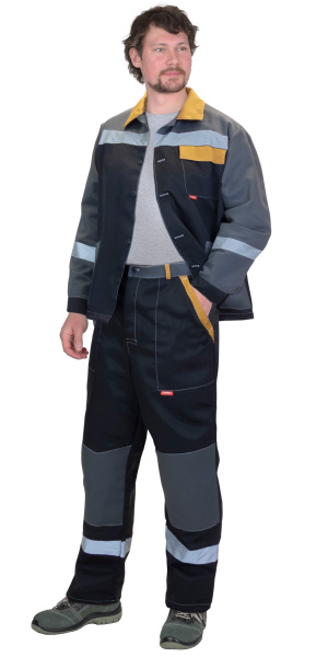 Костюм ПРОФИЛЬ куртка, брюки, черный с темно-серым с горчичной отделкой и СОП