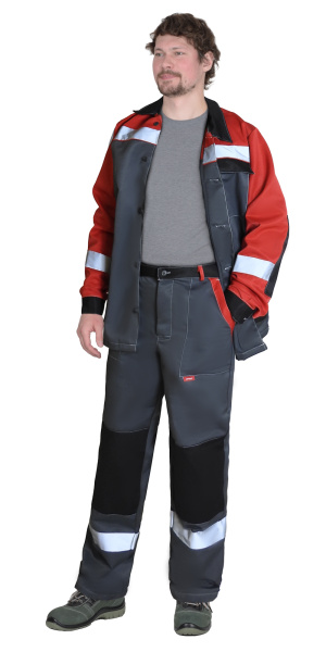 Костюм ПРОФИЛЬ куртка, брюки, т.серый с красным с черной отделкой и СОП