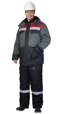 Костюм "ПАРИТЕТ-РОСС" зимний, куртка длинная, брюки, черный с темно-серым, красным и СОП