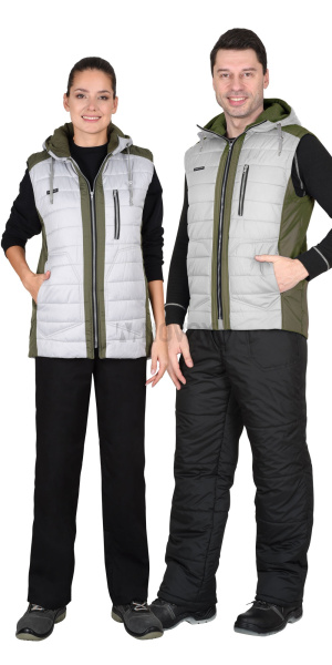 Жилет УРБАН утепленный с капюшоном жемчужный с оливковым