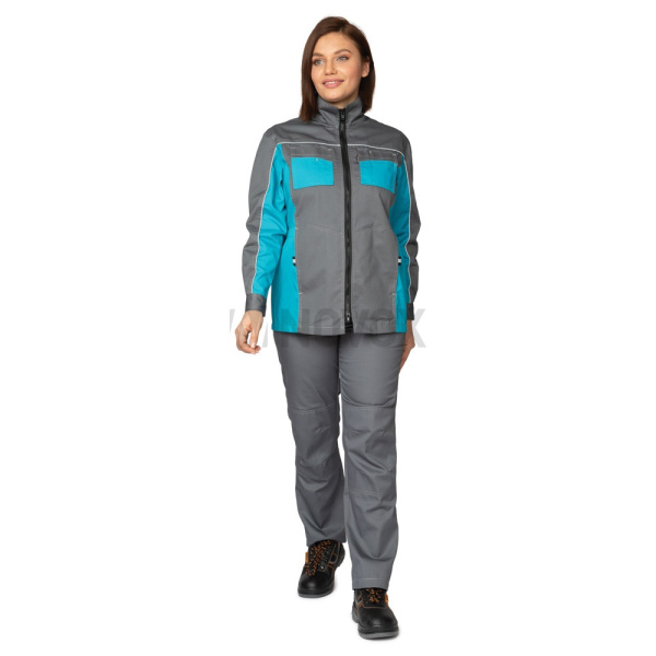 Костюм женский "Бренд 1" 2020 куртка удлин./брюки, серый/бирюза