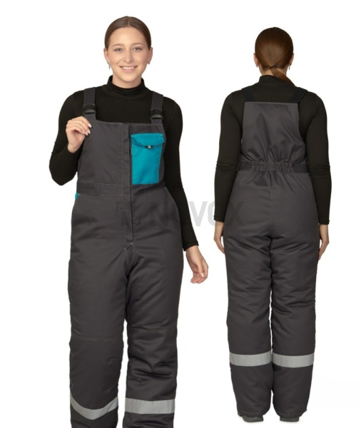 Полукомбинезон женский утеплённый "Бренд" тёмно-серый/бирюза