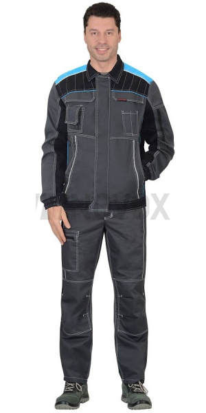 Костюм "Престиж" куртка кор. (чз), п/к, т.серый с черной и  голубой отделкой