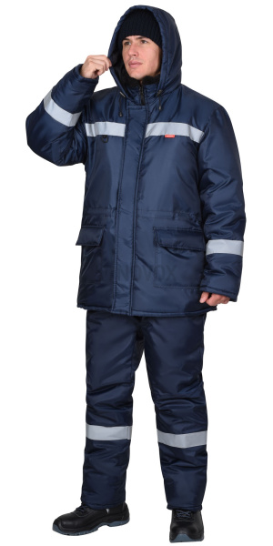 Куртка "БРИГАДИР" зимняя мужская с мех. ворот. и капюшоном, тёмно-синяя с СОП, тк.Оксфорд