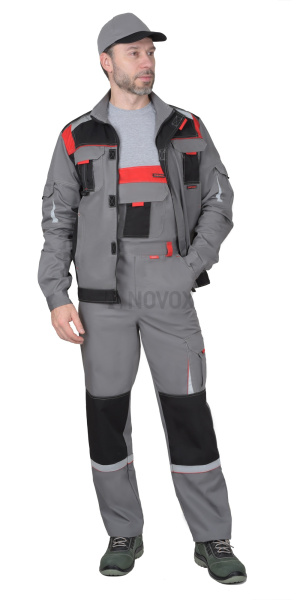 Костюм "СТАН" куртка (чз), п/к, ср-серый с черной и красной отделкой