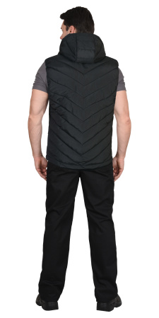 Жилет СТИЛЬ утепленный, черный с зеленой отделкой, с капюшоном, на подкладке