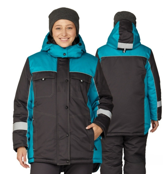 Куртка женская утеплённая "Бренд" тёмно-серый/бирюза