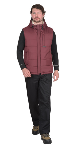 Жилет утепленный с капюшоном ЗОДИАК бордовый с флисовой подкладкой
