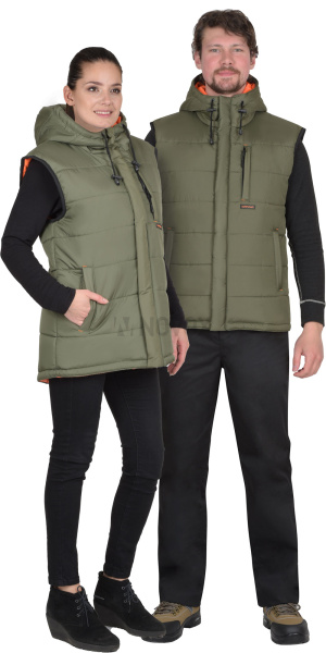 Жилет утепленный с капюшоном ЗОДИАК хаки на подкладке