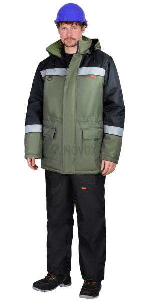 Куртка "БРИГАДИР" зимняя мужская с капюшоном, хаки с черным и СОП