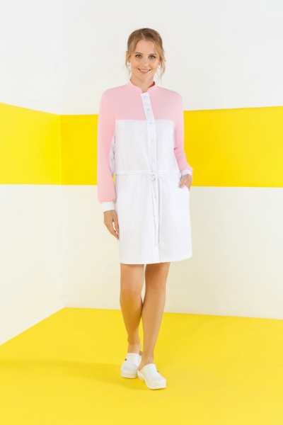 Халат ГВЕНН ЛЮКС ЛИНДРЕД длинный рукав, кнопки женский белый/светло-розовый