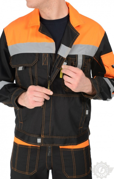 Костюм "Профессионал-2", куртка, п/к, с СВП (СОП) черно-оранжевый