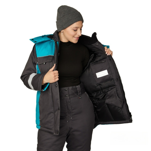 Куртка женская утеплённая "Бренд" тёмно-серый/бирюза