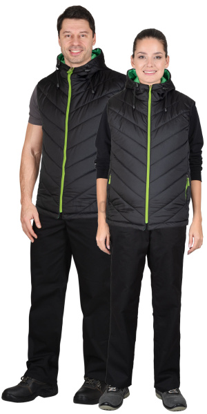 Жилет СТИЛЬ утепленный, черный с зеленой отделкой, с капюшоном, на подкладке