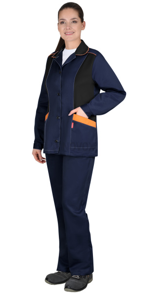 Костюм женский ЗОЛУШКА, куртка, брюки т. синий с черным и оранжевой отд.