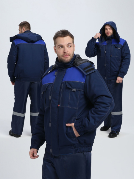 Куртка зимняя укороченная "Флофт" Премиум (тк.Смесовая,240), т.синий/васильковый/серый