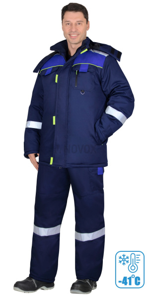 Костюм "БОСТОН-РОСС" зимний, куртка длинная, п/к, синий с васильковым, чёрной отделкой и СОП