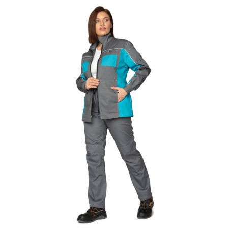 Костюм женский "Бренд 1" 2020 куртка удлин./брюки, серый/бирюза