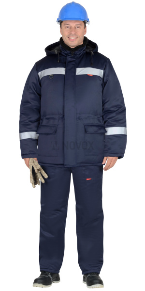 Куртка "БРИГАДИР" зимняя, мех. ворот, капюшон, тёмно-синяя с СОП (утеплитель 600 гр)