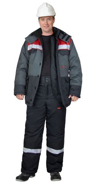 Костюм "ПАРИТЕТ-РОСС" зимний, куртка длинная, брюки, черный с темно-серым, красным и СОП