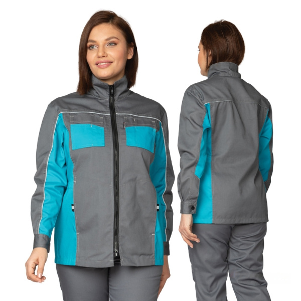 Костюм женский "Бренд 1" 2020 куртка удлин./брюки, серый/бирюза