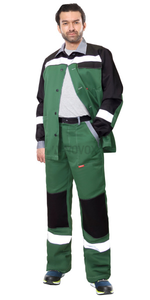 Костюм ПРОФИЛЬ куртка, брюки, зеленый с черным со св.серой отделкой, СОП