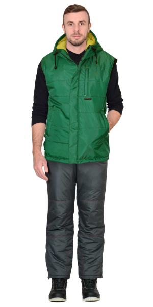 Жилет утепленный с капюшоном ЗОДИАК зеленый (на подкладке флис желтый)