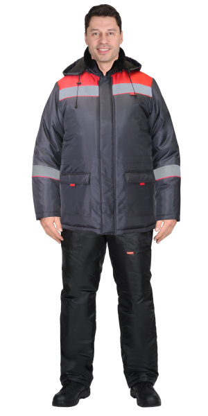 Куртка БРИГАДИР зим. муж. с капюшоном т-серая с красным тк.Оксфорд