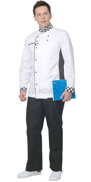 Китель "Шеф" мужской белый с отделкой черно-белая клетка