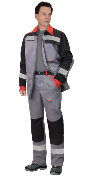 Костюм ПРОФИЛЬ куртка, брюки ср.серый с черным с красной отделкой и СОП