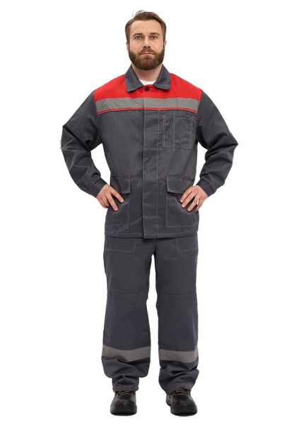 Костюм "УДАРНИК", куртка, брюки, Т.СЕРЫЙ/КРАСНЫЙ