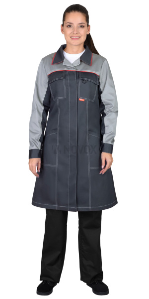 Халат женский "Ирина", тёмно-серый со светло-серым и красным кантом