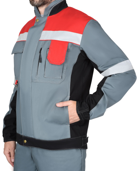 Костюм "ВИВАТ" куртка, п/к, 100% х/б, пл. 270 г/кв.м, сер. с крас. и чер. с СОП (узб.Саржа) 