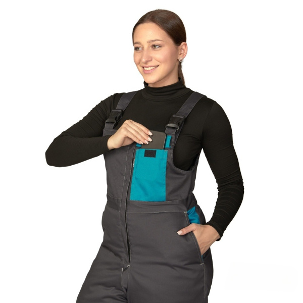 Полукомбинезон женский утеплённый "Бренд" тёмно-серый/бирюза