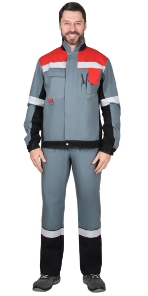 Костюм "ВИВАТ" куртка, п/к, 100% х/б, пл. 270 г/кв.м, сер. с крас. и чер. с СОП (узб.Саржа) 