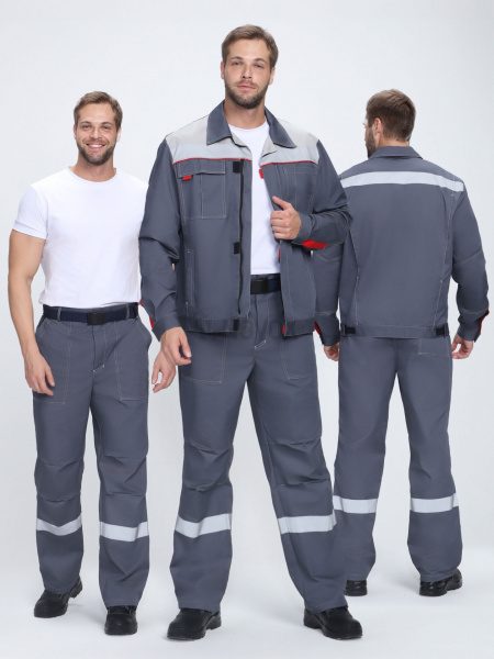 Костюм "Флофт-1" Премиум СОП (тк.Смесовая,240) брюки, т.серый/серый/красный