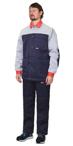 Костюм АСПЕКТ куртка длинная, брюки, темно-синий со светло-серым с красной отделкой