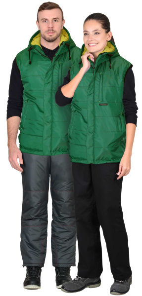 Жилет утепленный с капюшоном ЗОДИАК зеленый (на подкладке флис желтый)