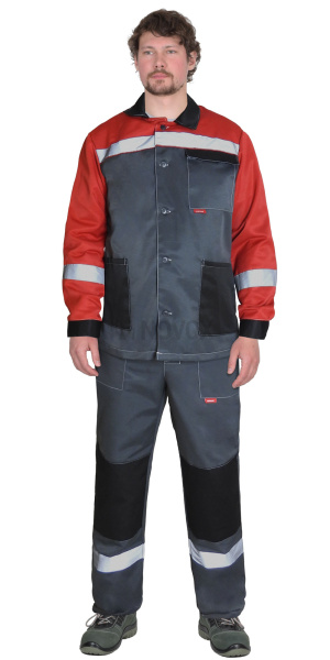 Костюм ПРОФИЛЬ куртка, брюки, т.серый с красным с черной отделкой и СОП